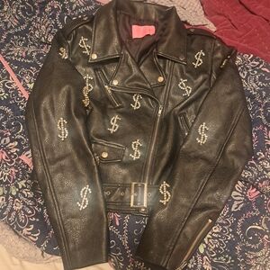 Azalea Wang Black Vegan Leather Jacket with Dollar Sign Embellishments